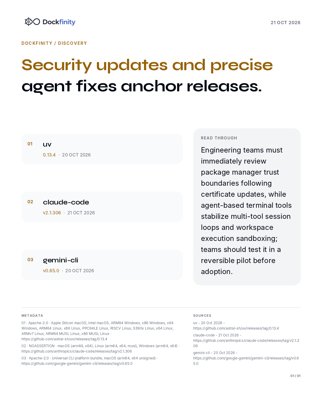 Security root updates and agent fixes anchor package updates — the card published on 21 October 2026