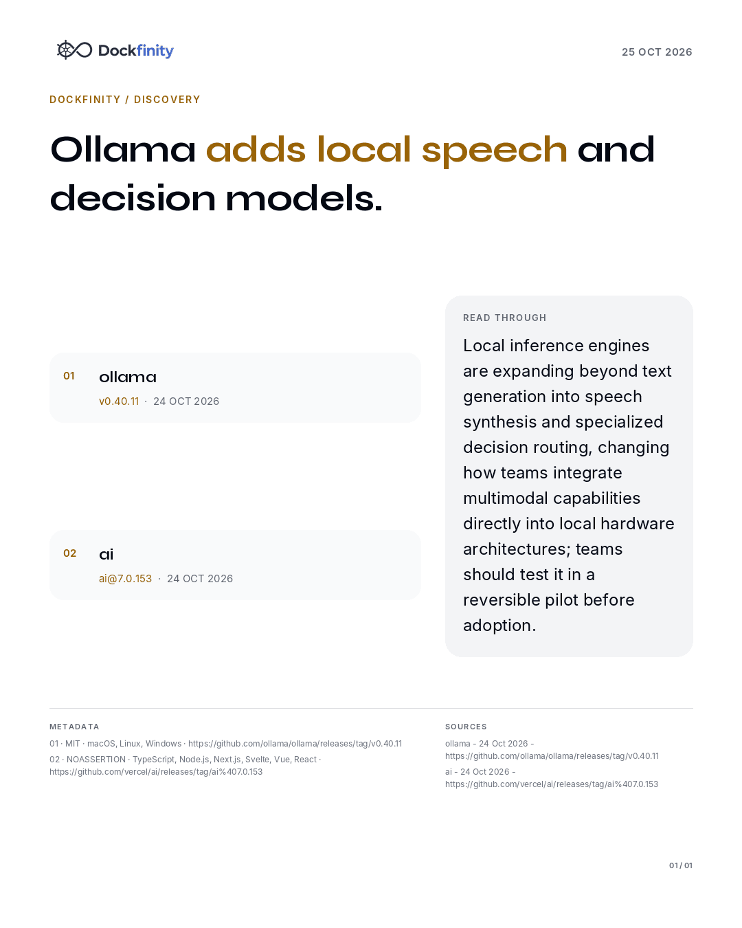 Ollama adds local speech and d3 decision models — the card published on 25 October 2026